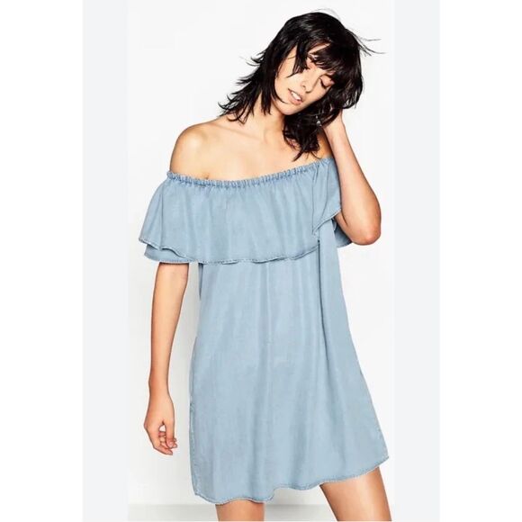 Zara Woman Premium Denim Off The Should Ruffle Dress Size S - Picture 2 of 7